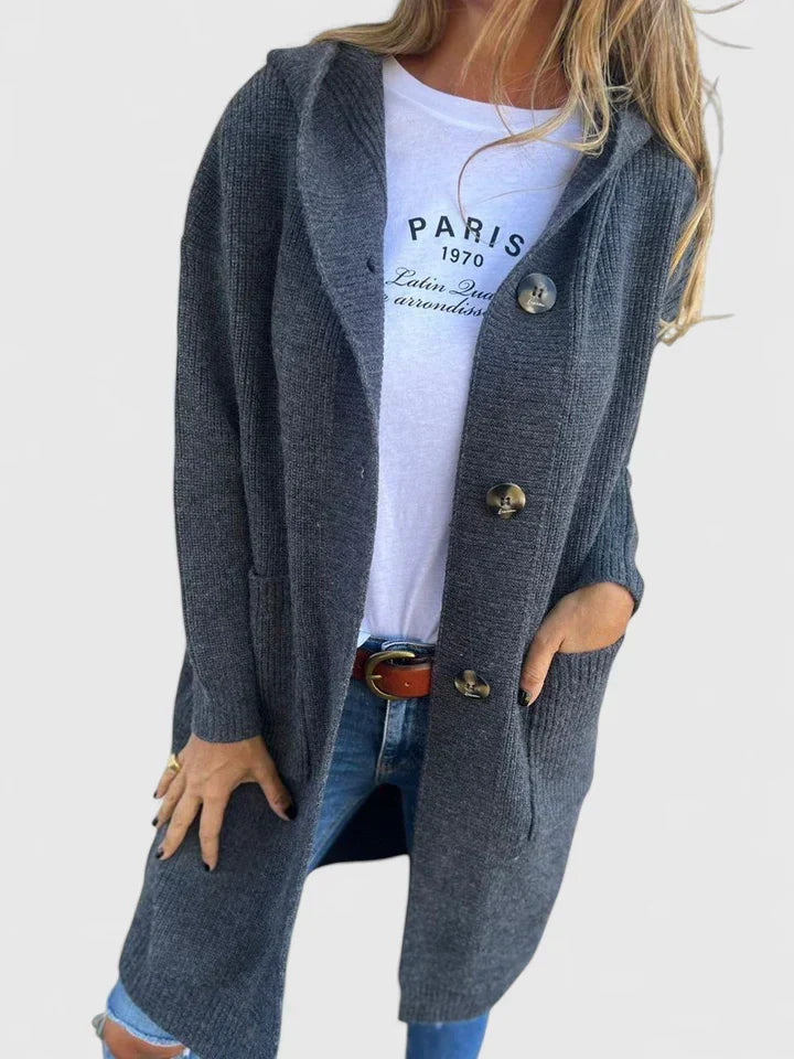 Women's Ribbed Knit Hooded Duster Cardigan – Longline Button Front Coatigan with Pockets