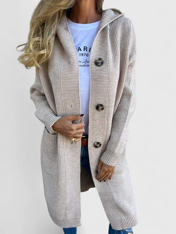 Women's Ribbed Knit Hooded Duster Cardigan – Longline Button Front Coatigan with Pockets