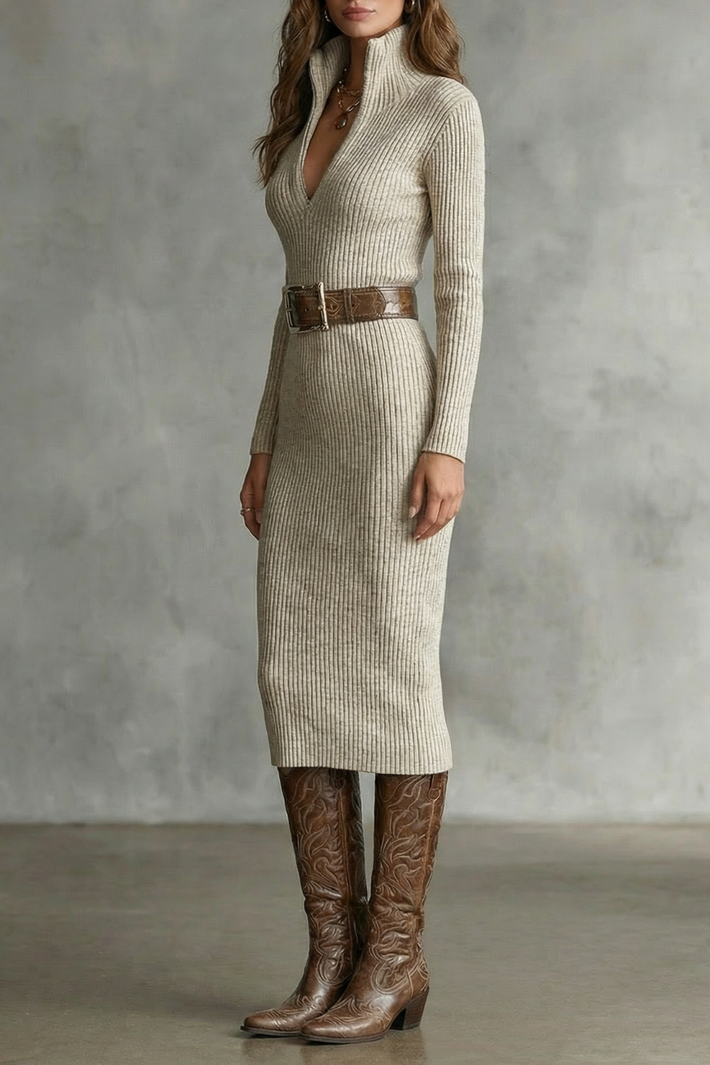 Kacob | Women's Ribbed Knit Midi Dress – Belted Long Sleeve V-Neck Jumper Dress