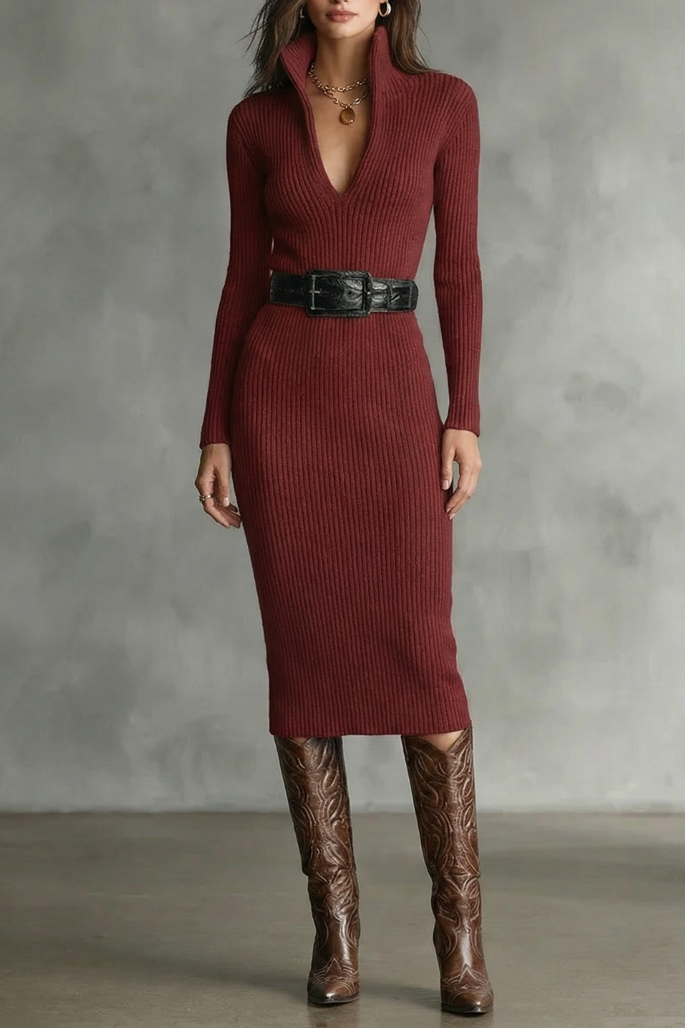Kacob | Women's Ribbed Knit Midi Dress – Belted Long Sleeve V-Neck Jumper Dress