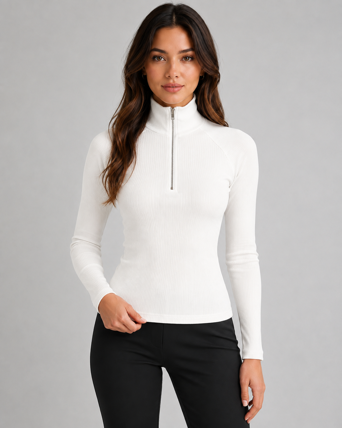 Women's Ribbed Quarter Zip High Neck Jumper – Slim Fit