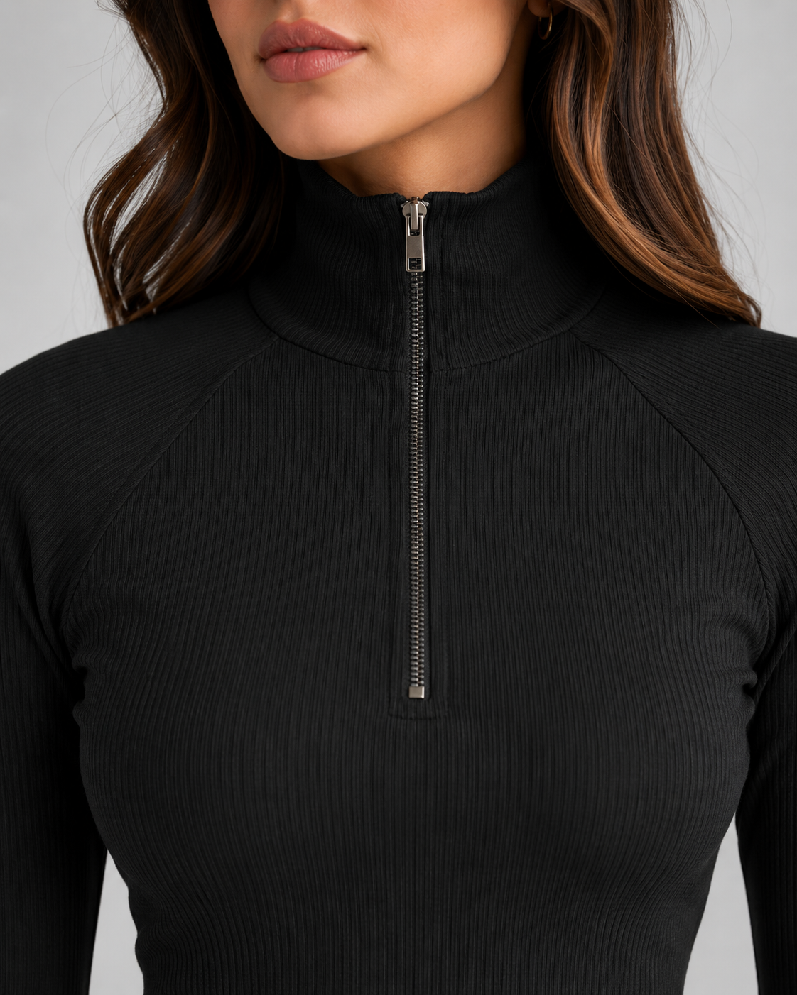 Women's Ribbed Quarter Zip High Neck Jumper – Slim Fit