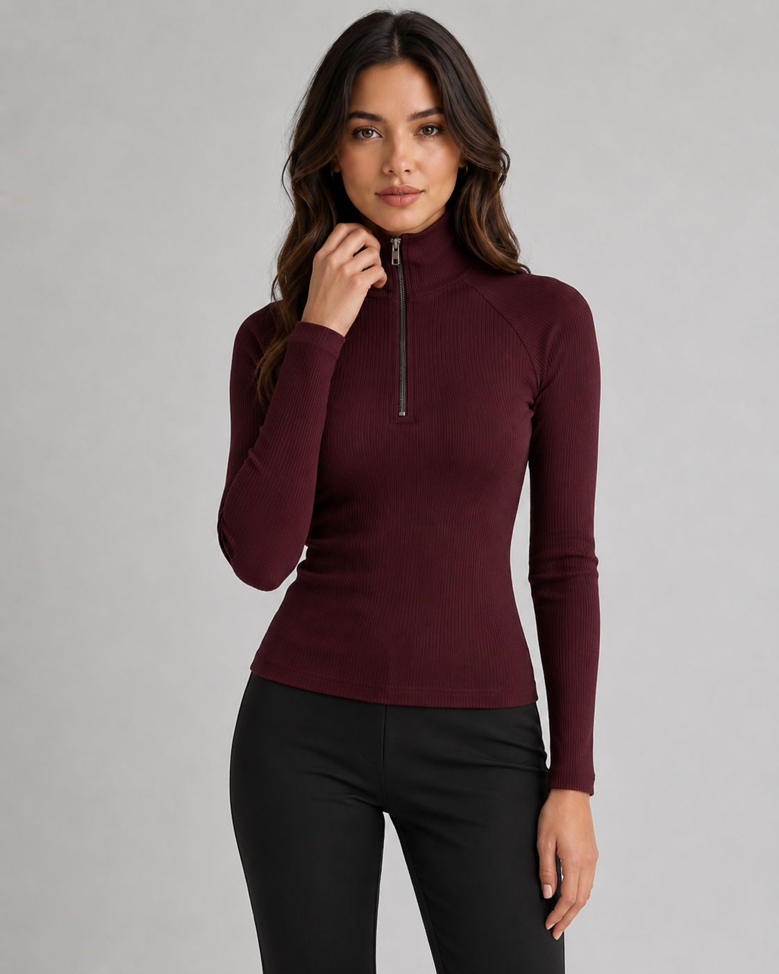 Women's Ribbed Quarter Zip High Neck Jumper – Slim Fit