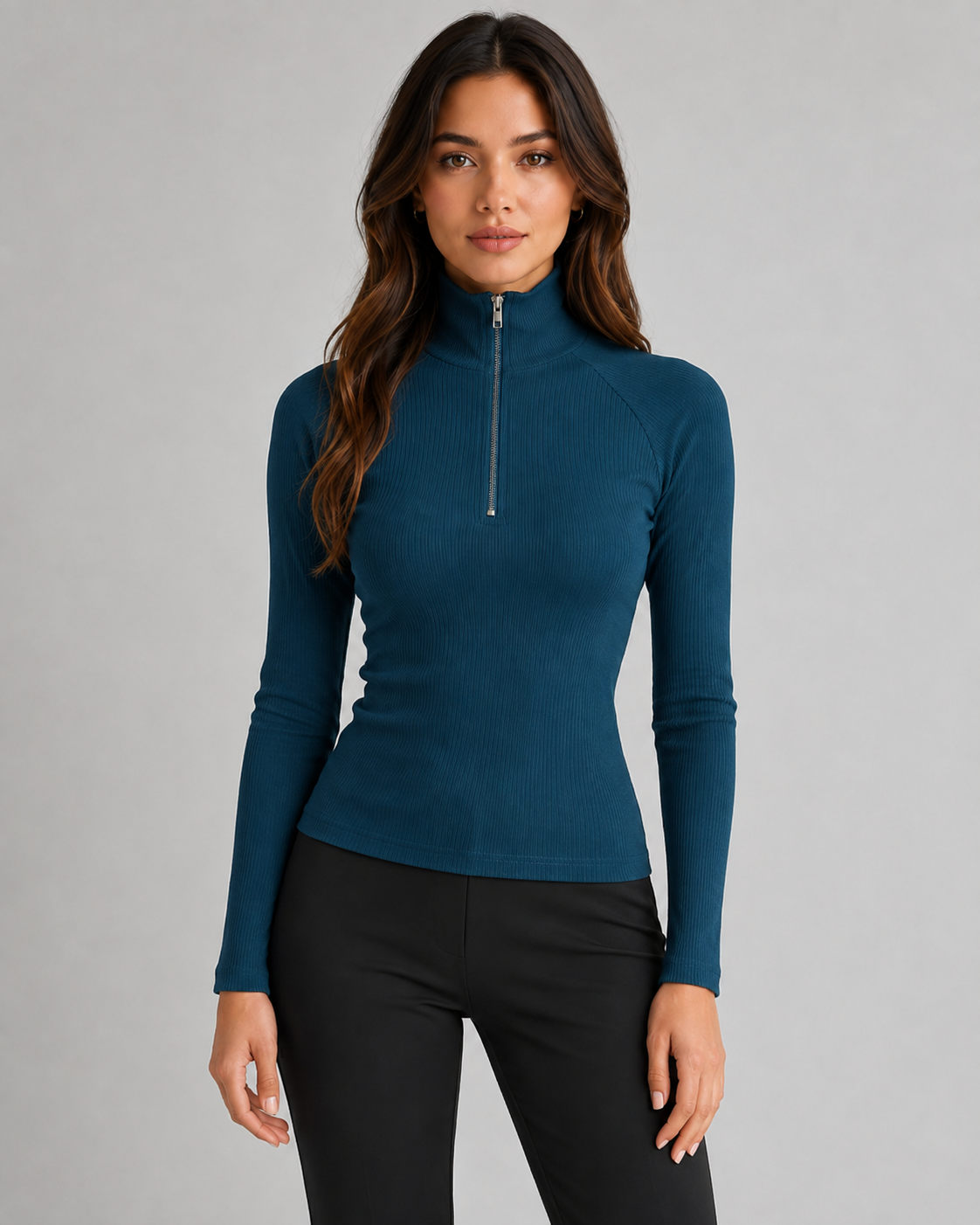 Women's Ribbed Quarter Zip High Neck Jumper – Slim Fit