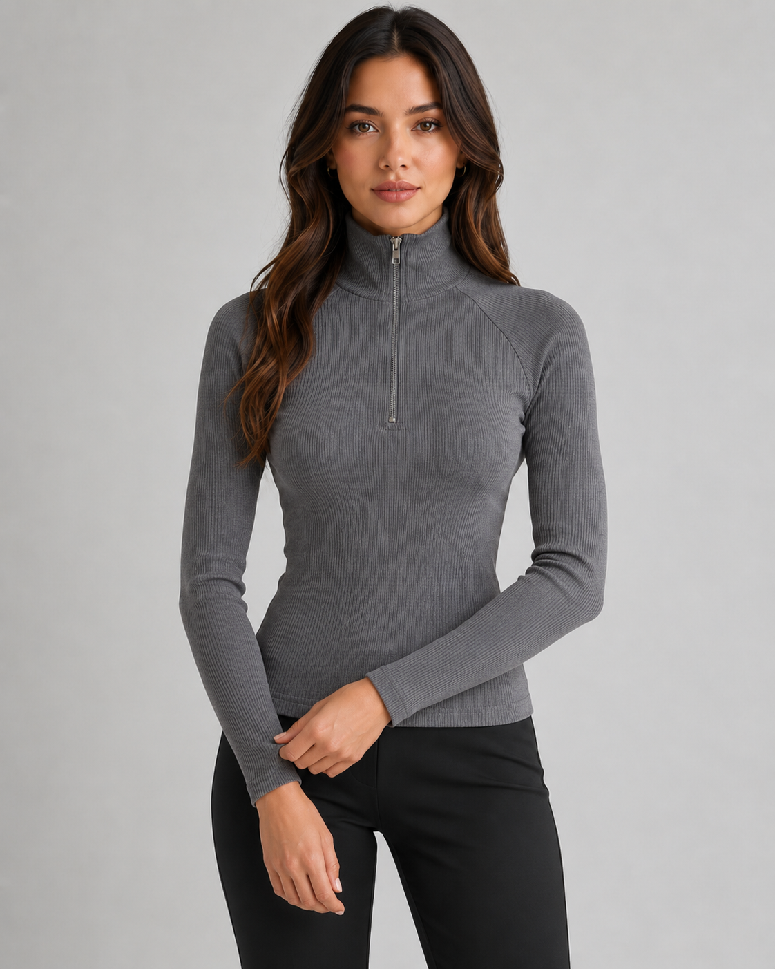 Women's Ribbed Quarter Zip High Neck Jumper – Slim Fit