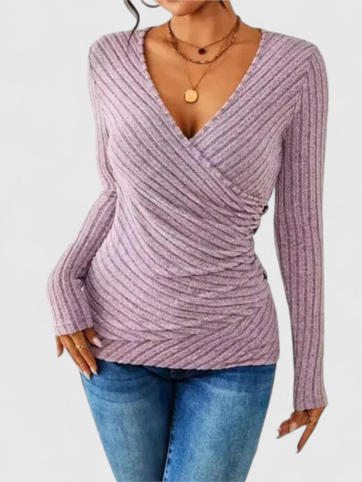 Kacob | Women's Ribbed Wrap Top – Fitted V-Neck Knit Jumper