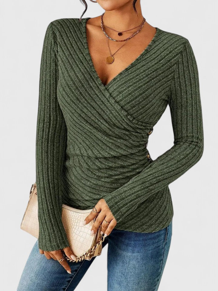 Kacob | Women's Ribbed Wrap Top – Fitted V-Neck Knit Jumper