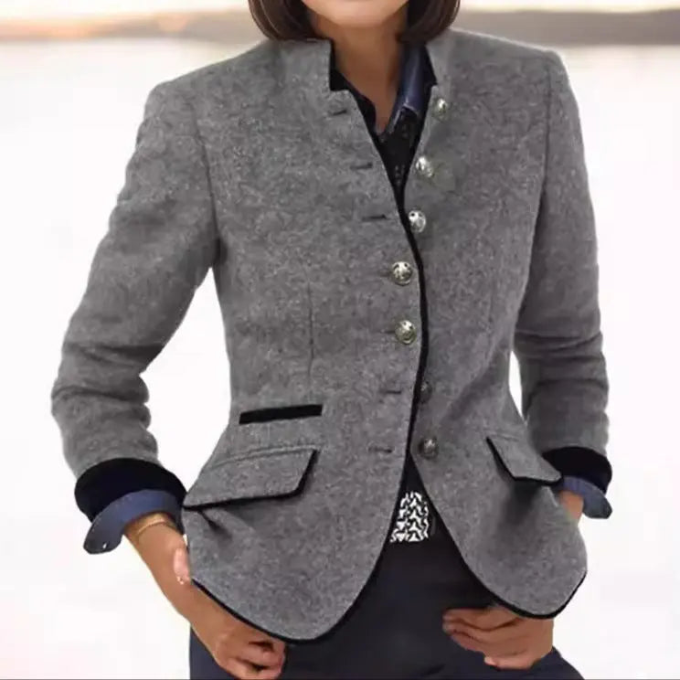Kacob | Women's Riding Blazer – Stand Collar Button Front Textured Jacket