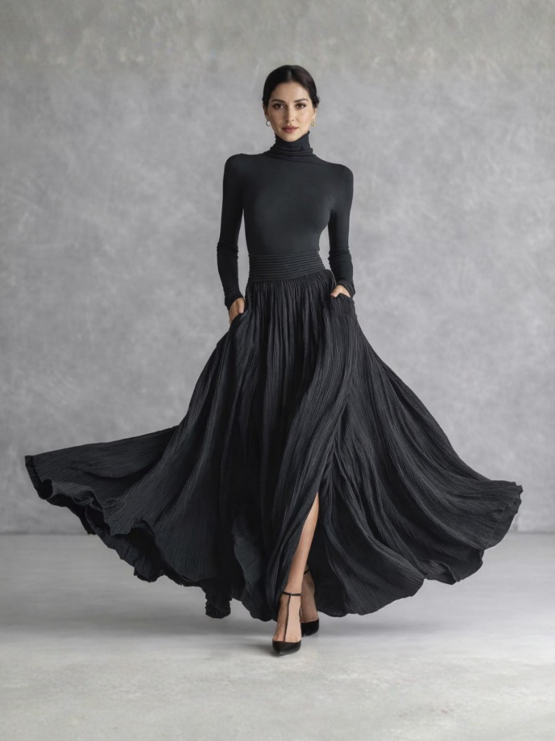 Kacob | Women's Roll Neck Pleated Maxi Dress – Long Sleeve Dress With Pockets