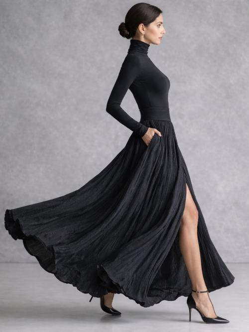 Kacob | Women's Roll Neck Pleated Maxi Dress – Long Sleeve Dress With Pockets