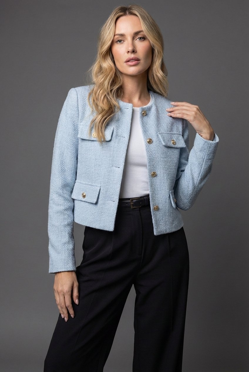 Kacob | Women's Round Neck Tweed Cropped Blazer – Four Pocket Button Front Jacket