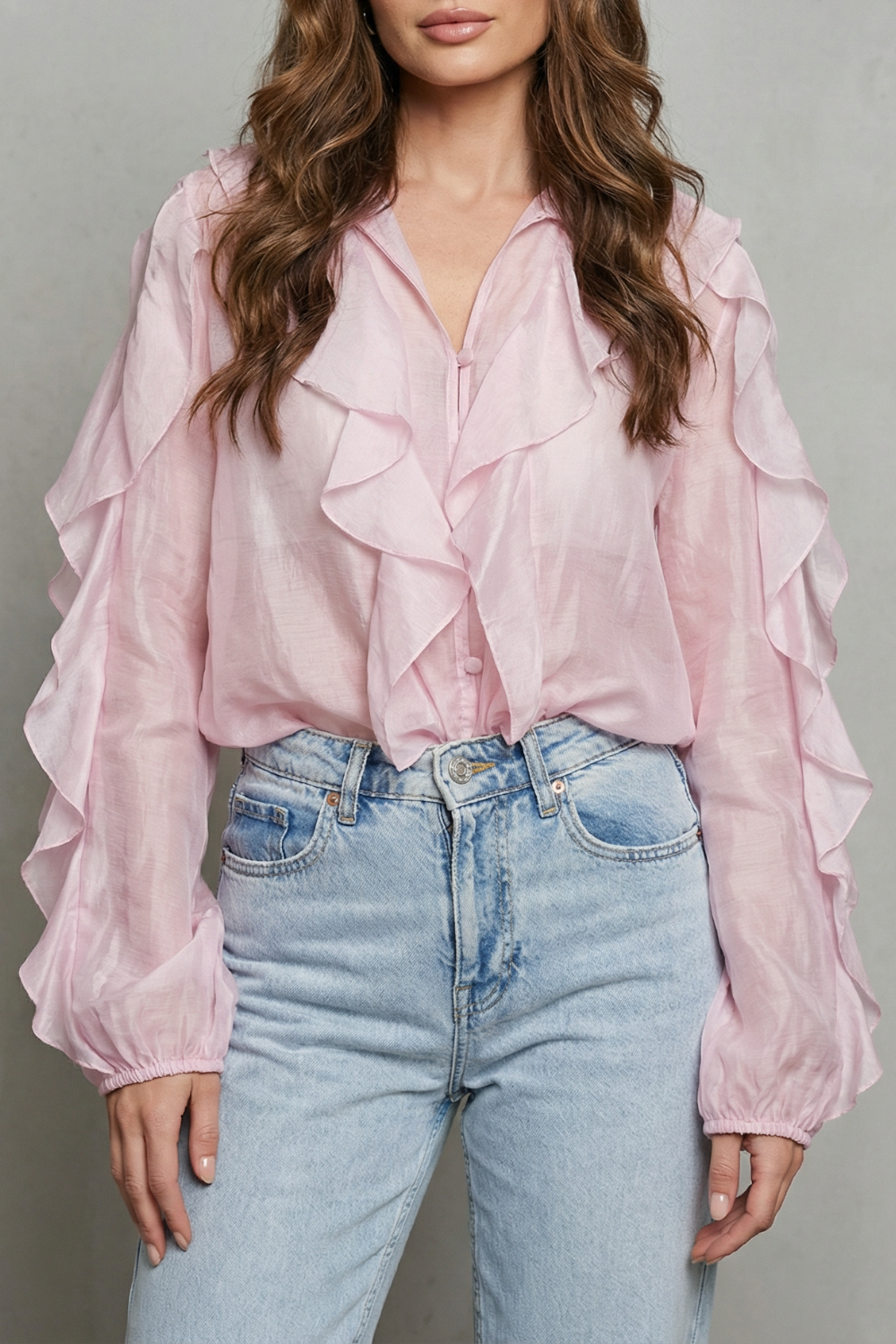 Women's Ruffle Blouse – Layered Ruffle V Neck Statement Sleeve Button Up Blouse
