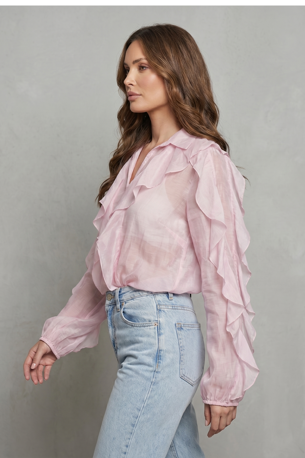 Women's Ruffle Blouse – Layered Ruffle V Neck Statement Sleeve Button Up Blouse