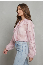 Women's Ruffle Blouse – Layered Ruffle V Neck Statement Sleeve Button Up Blouse