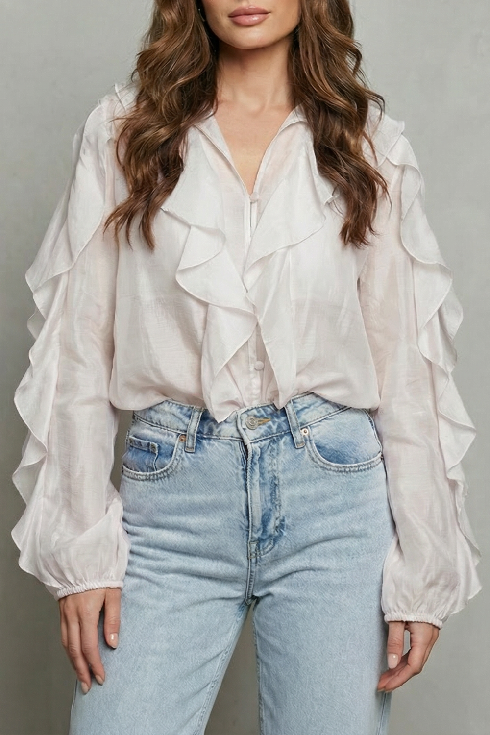 Women's Ruffle Blouse – Layered Ruffle V Neck Statement Sleeve Button Up Blouse