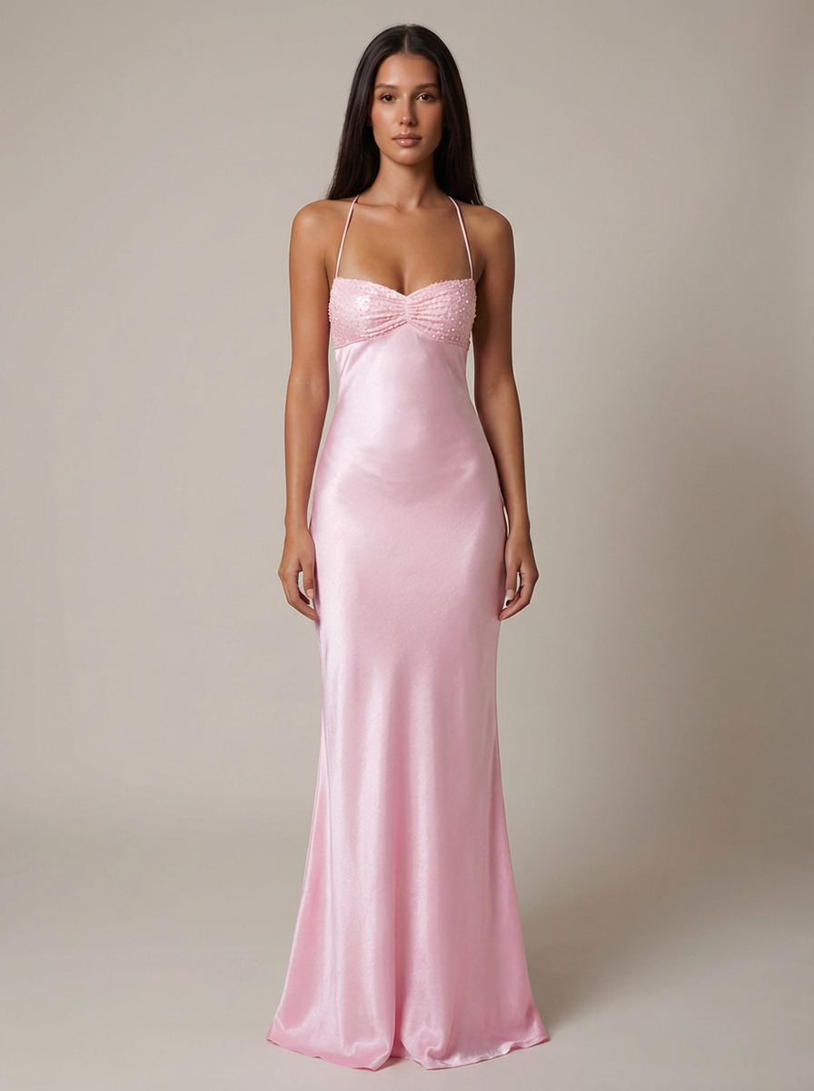 Women's Satin Halter Maxi Dress – Embellished Sweetheart Lace Up Back Evening Gown