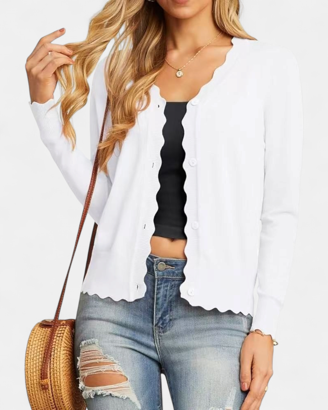 Women's Scalloped Cropped Knit Button Up Cardigan – V Neck Fine Knit with Wavy Trim