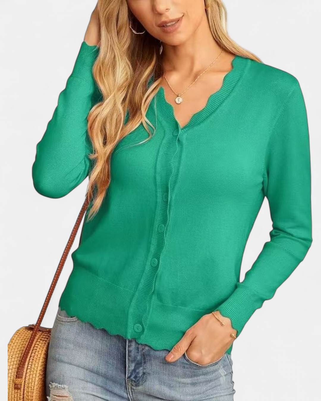Women's Scalloped Cropped Knit Button Up Cardigan – V Neck Fine Knit with Wavy Trim