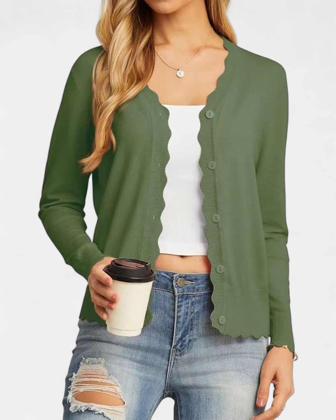 Women's Scalloped Cropped Knit Button Up Cardigan – V Neck Fine Knit with Wavy Trim