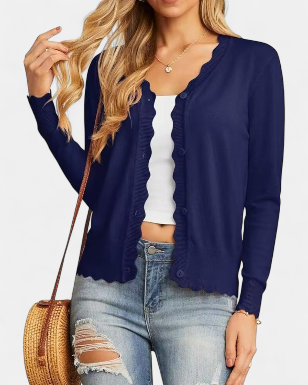 Women's Scalloped Cropped Knit Button Up Cardigan – V Neck Fine Knit with Wavy Trim