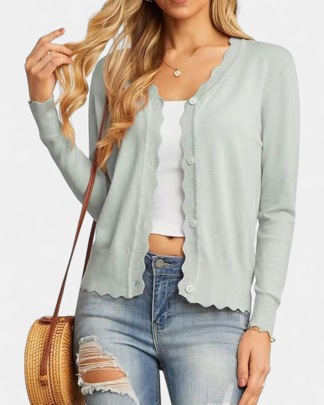 Women's Scalloped Cropped Knit Button Up Cardigan – V Neck Fine Knit with Wavy Trim