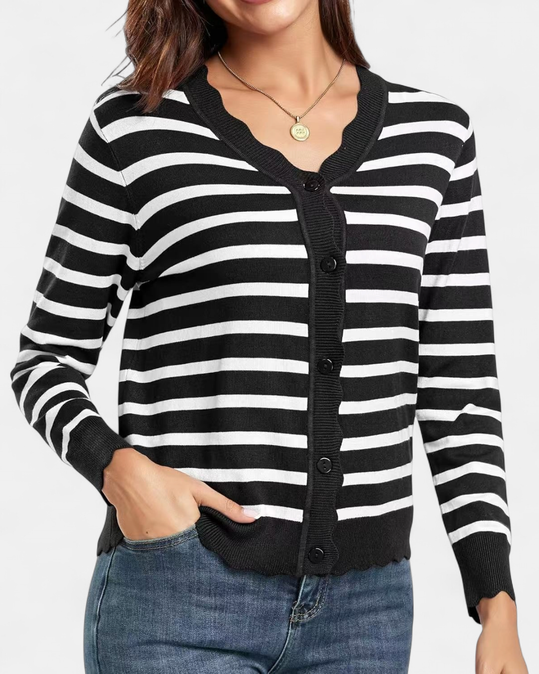 Women's Scalloped Cropped Knit Button Up Cardigan – V Neck Fine Knit with Wavy Trim