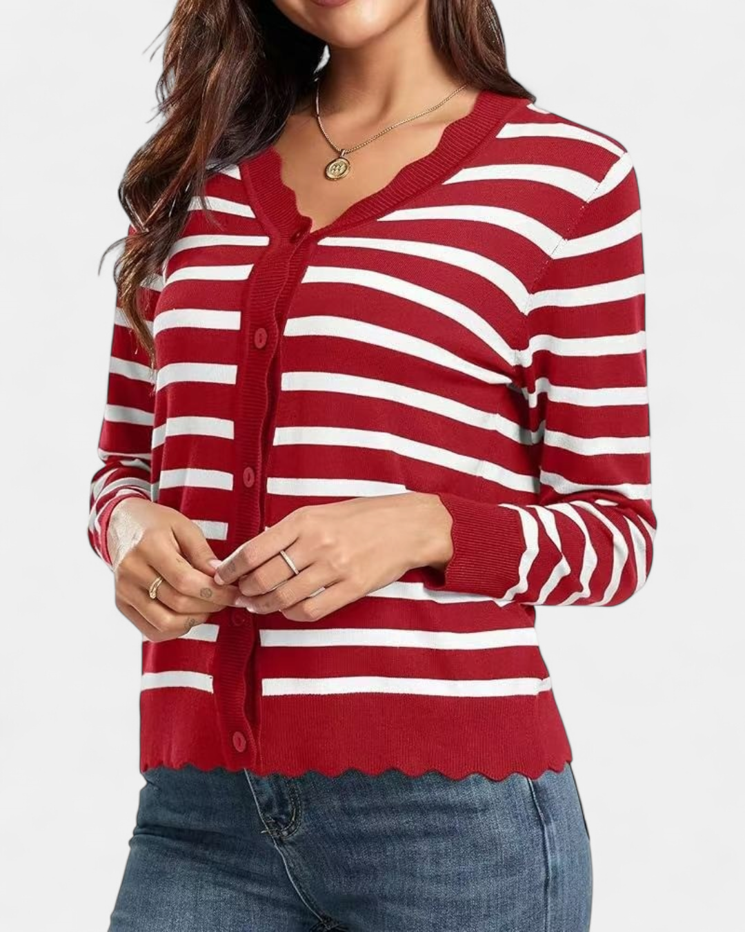 Women's Scalloped Cropped Knit Button Up Cardigan – V Neck Fine Knit with Wavy Trim