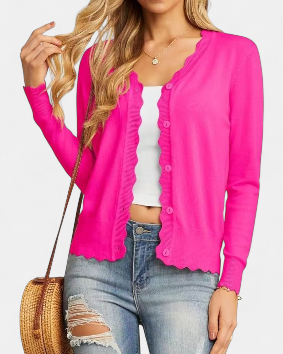 Women's Scalloped Cropped Knit Button Up Cardigan – V Neck Fine Knit with Wavy Trim