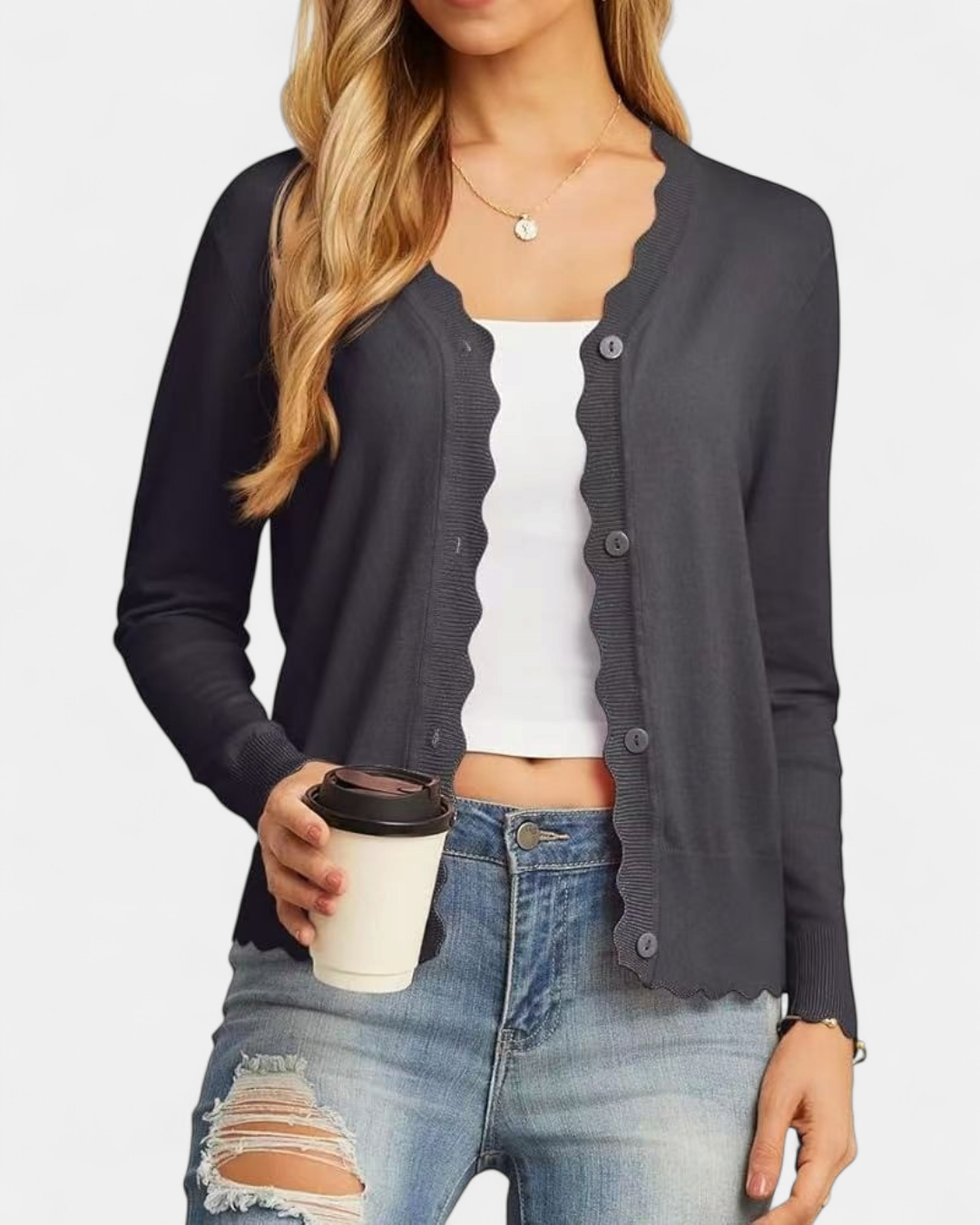 Women's Scalloped Cropped Knit Button Up Cardigan – V Neck Fine Knit with Wavy Trim