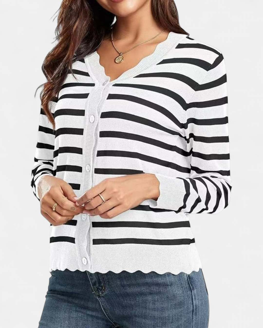Women's Scalloped Cropped Knit Button Up Cardigan – V Neck Fine Knit with Wavy Trim
