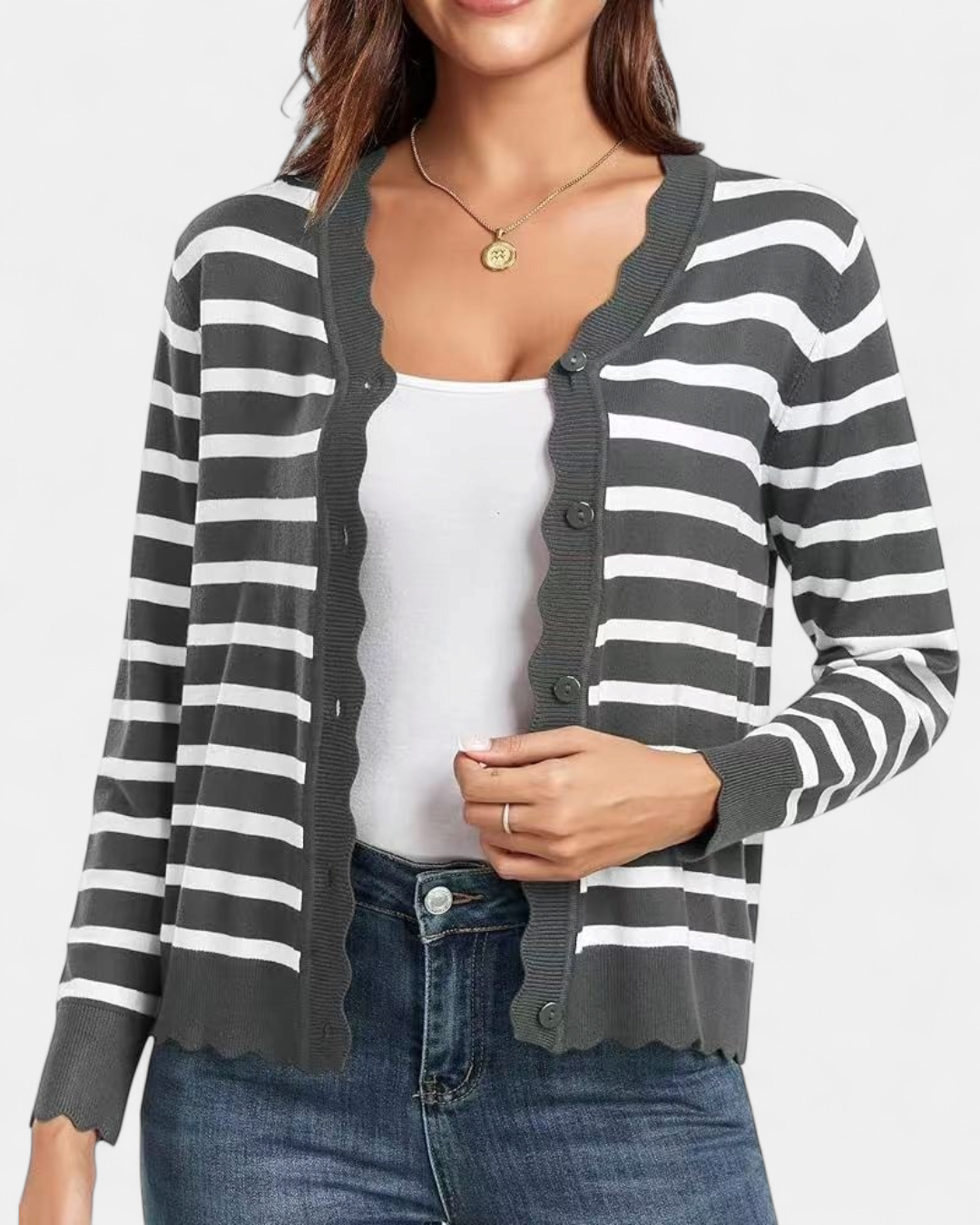 Women's Scalloped Cropped Knit Button Up Cardigan – V Neck Fine Knit with Wavy Trim