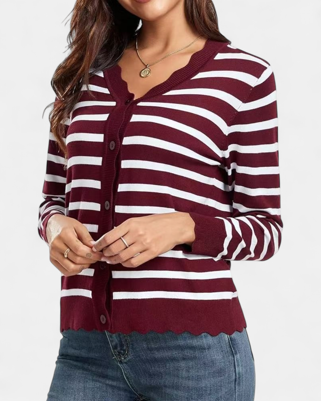 Women's Scalloped Cropped Knit Button Up Cardigan – V Neck Fine Knit with Wavy Trim