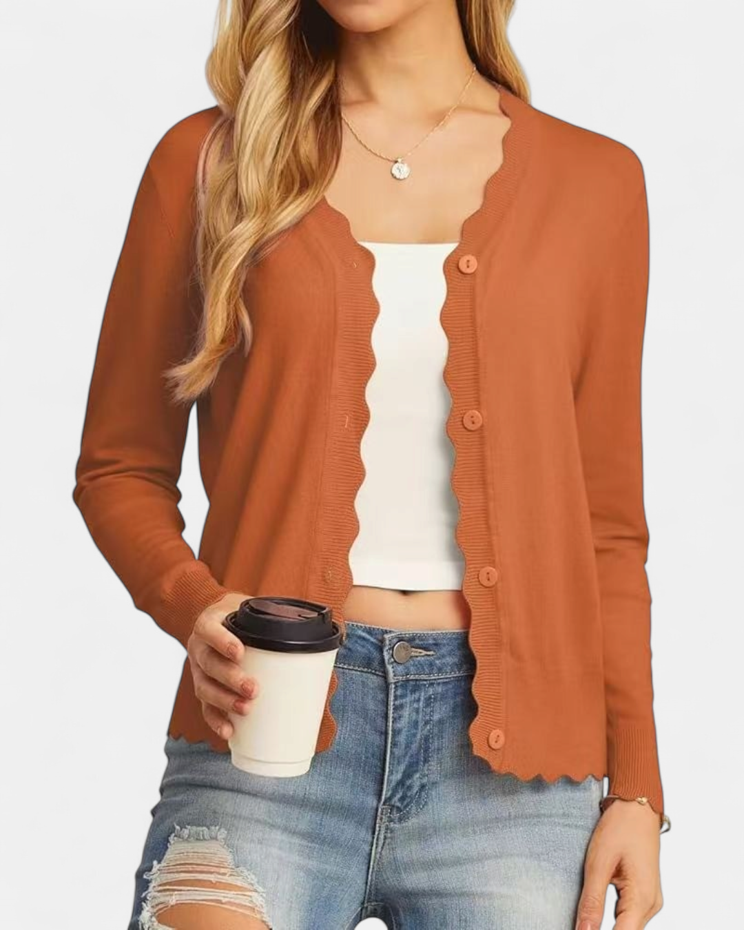 Women's Scalloped Cropped Knit Button Up Cardigan – V Neck Fine Knit with Wavy Trim