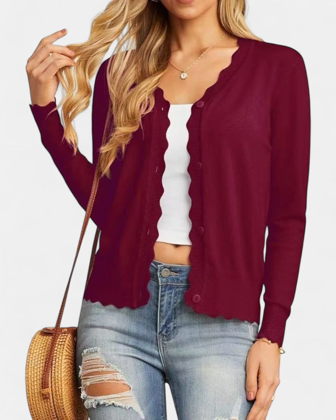 Women's Scalloped Cropped Knit Button Up Cardigan – V Neck Fine Knit with Wavy Trim