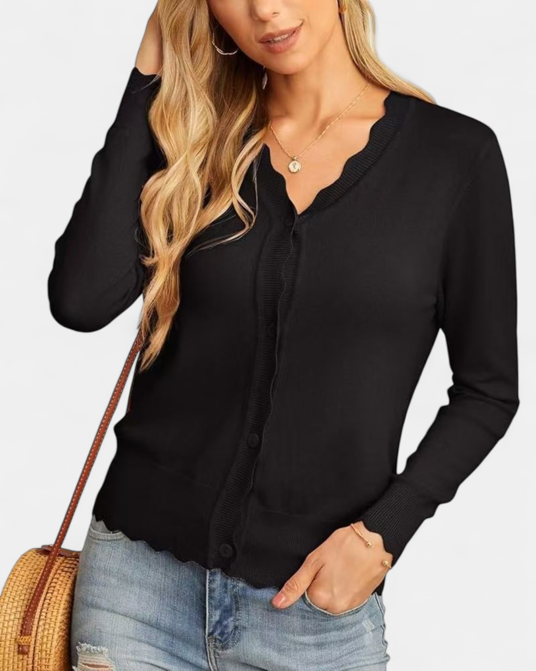 Women's Scalloped Cropped Knit Button Up Cardigan – V Neck Fine Knit with Wavy Trim