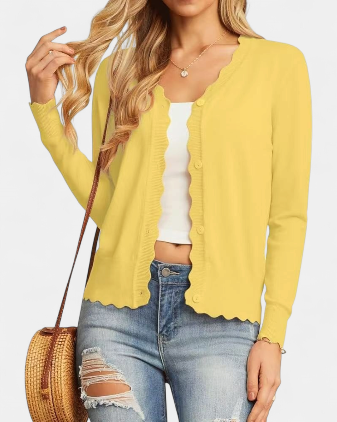 Women's Scalloped Cropped Knit Button Up Cardigan – V Neck Fine Knit with Wavy Trim