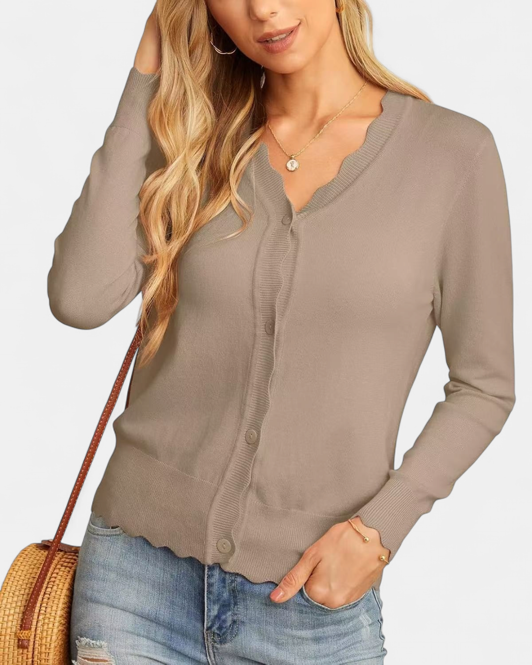 Women's Scalloped Cropped Knit Button Up Cardigan – V Neck Fine Knit with Wavy Trim