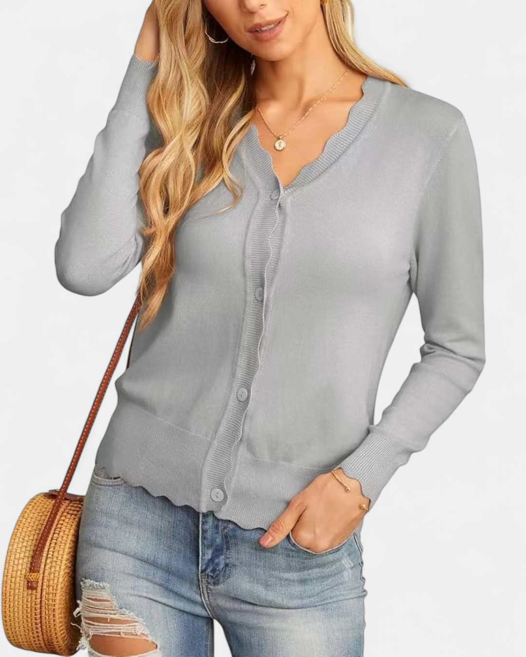 Women's Scalloped Cropped Knit Button Up Cardigan – V Neck Fine Knit with Wavy Trim