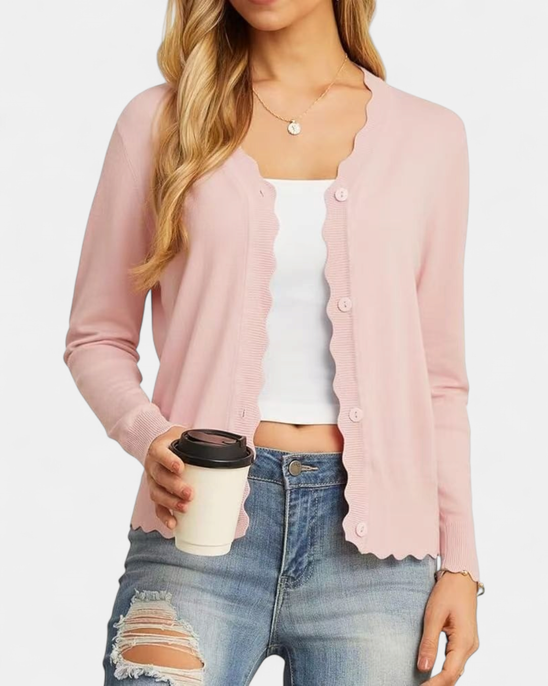 Women's Scalloped Cropped Knit Button Up Cardigan – V Neck Fine Knit with Wavy Trim