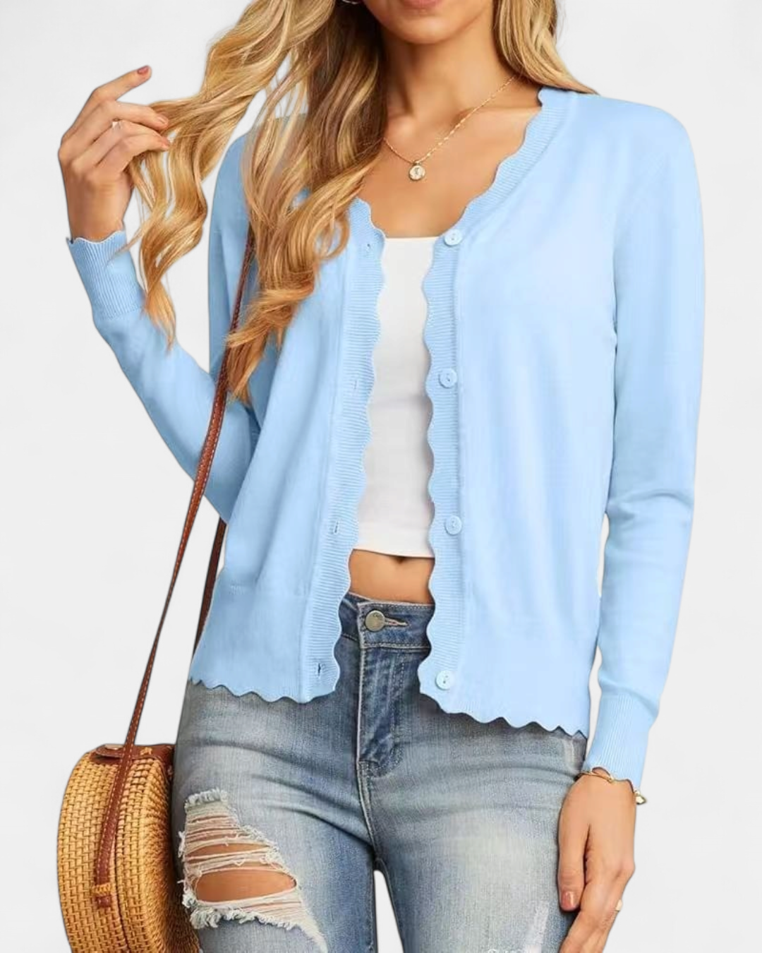 Women's Scalloped Cropped Knit Button Up Cardigan – V Neck Fine Knit with Wavy Trim