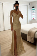 Kacob | Women's Sequin Off-Shoulder Maxi Dress – High Slit