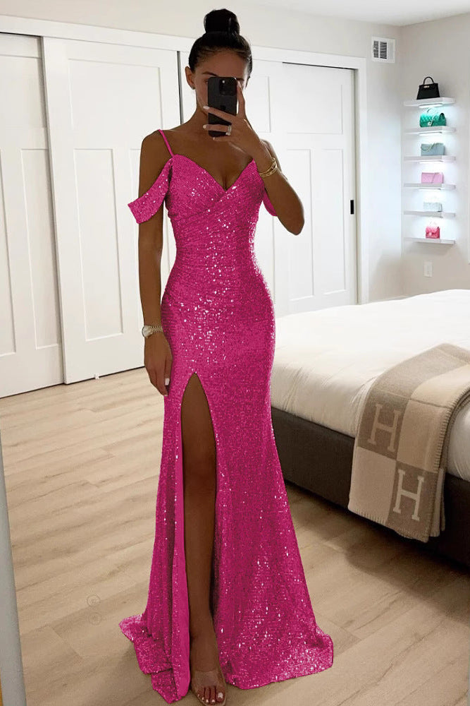 Women's Sequin Off-Shoulder Maxi Dress – High Slit