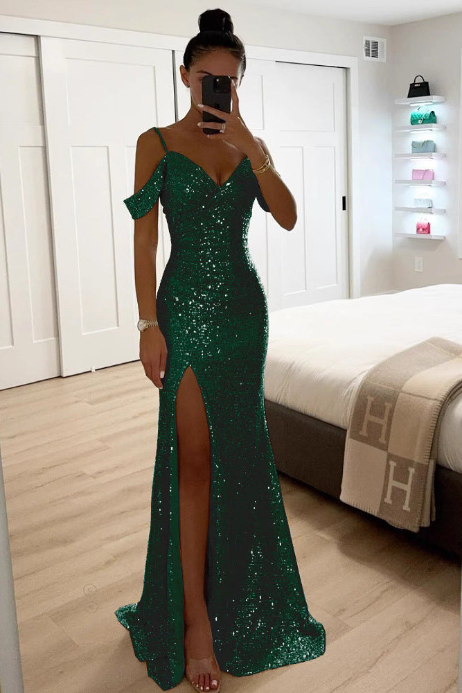 Women's Sequin Off-Shoulder Maxi Dress – High Slit