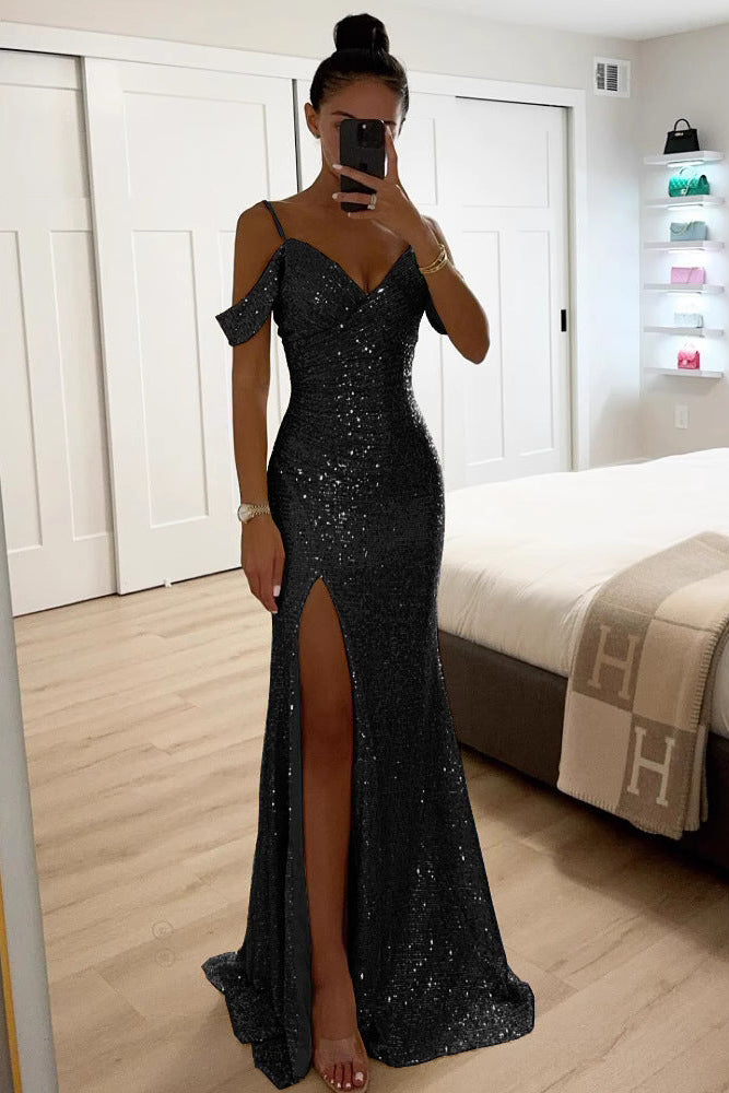 Women's Sequin Off-Shoulder Maxi Dress – High Slit