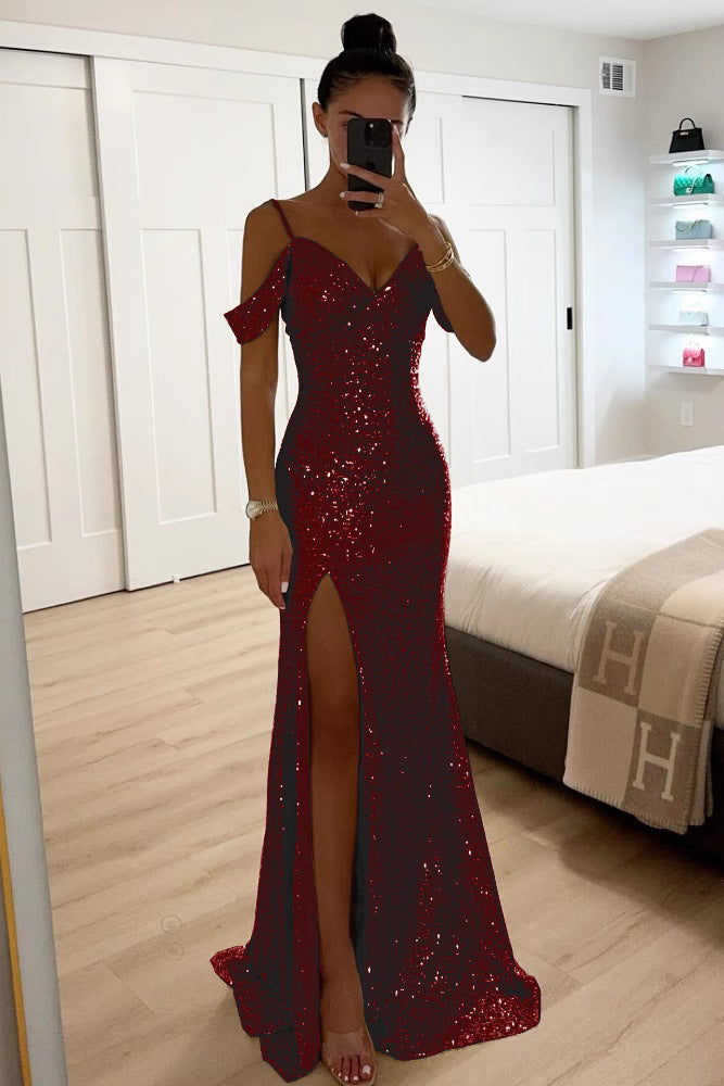 Women's Sequin Off-Shoulder Maxi Dress – High Slit