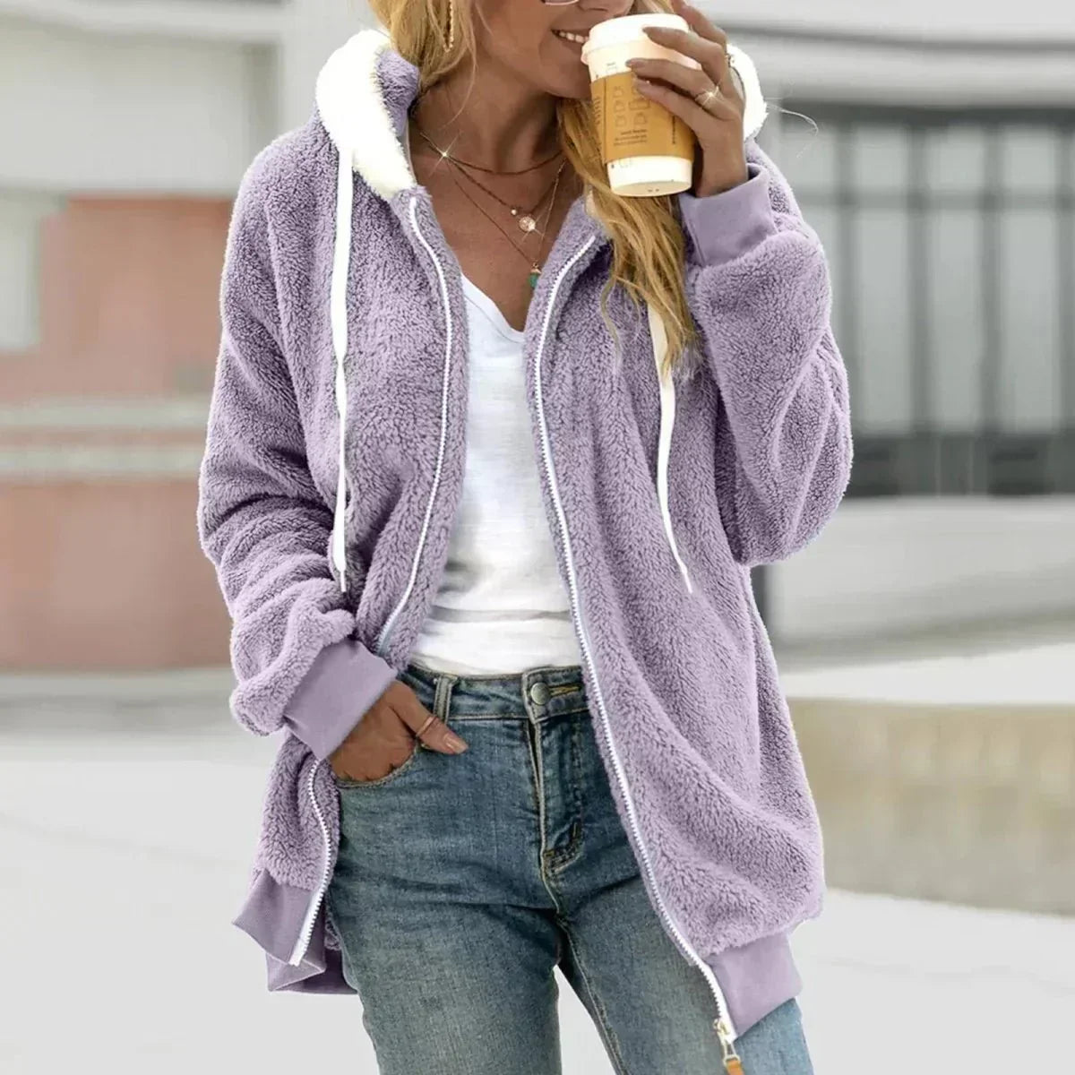 Women's Sherpa Fleece Zip Up Hooded Jacket – Fluffy Teddy Hoodie with Contrast Hood Lining