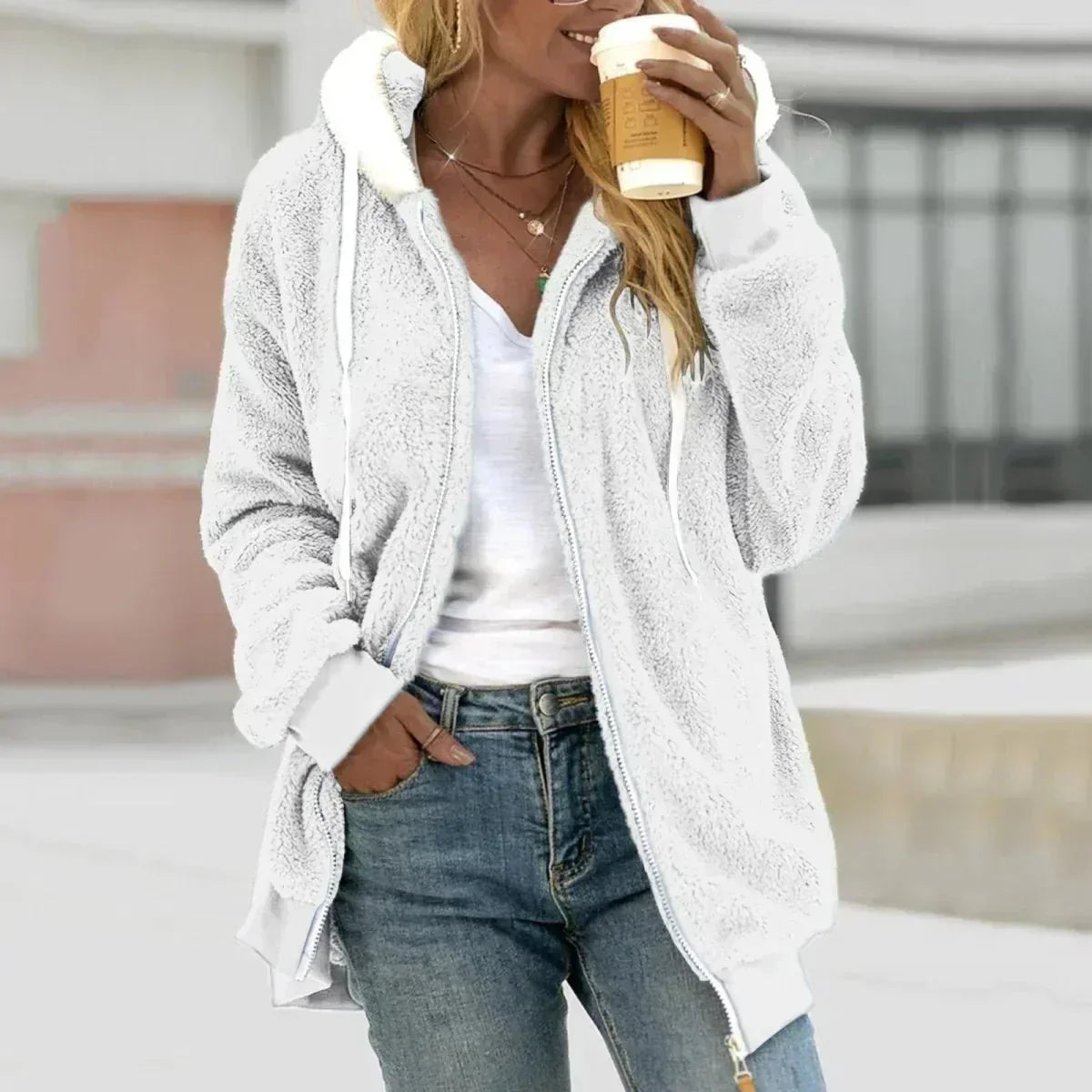 Women's Sherpa Fleece Zip Up Hooded Jacket – Fluffy Teddy Hoodie with Contrast Hood Lining