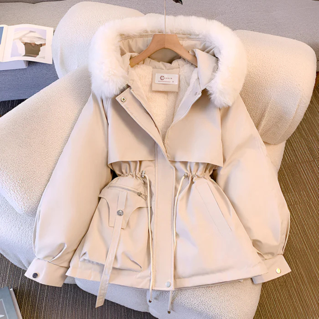 Kacob | Women's Short Parka Jacket – Faux Fur Hood Drawstring Waist Coat