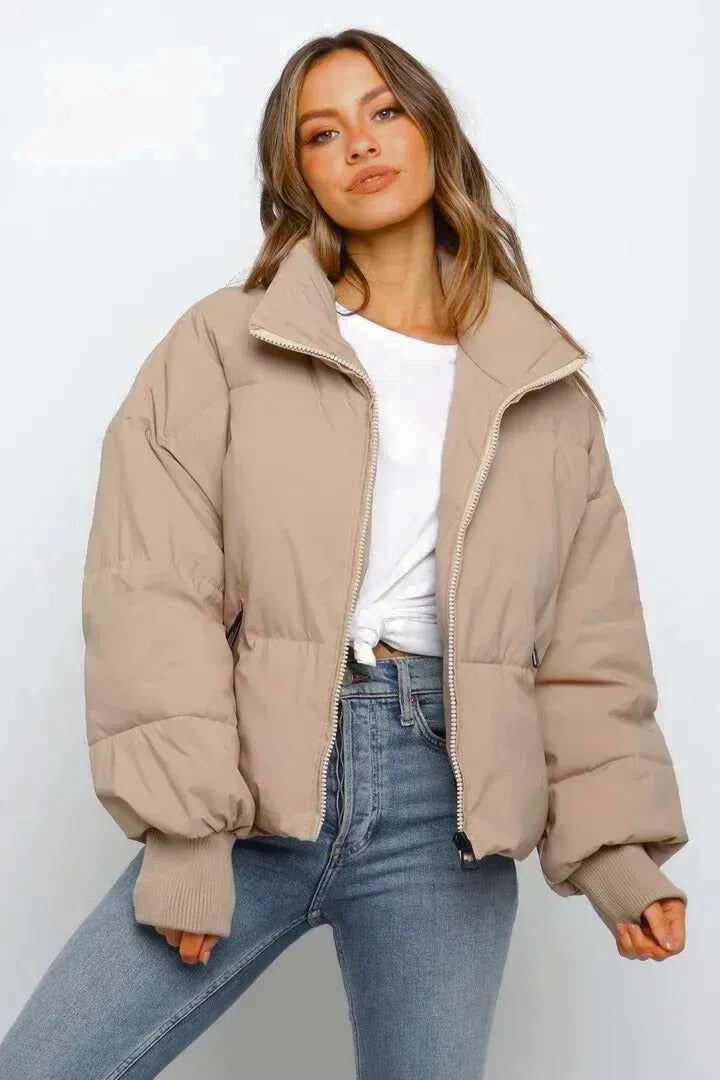 Women's Short Quilted Cropped Puffer Jacket – Stand Collar Zip Front Boxy Padded Jacket