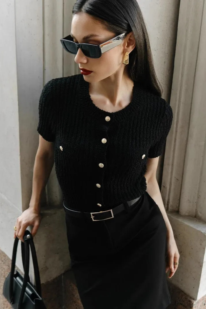 Women's Short Sleeve Cropped Cardigan – Textured Knit with Gold-Tone Buttons and Pockets